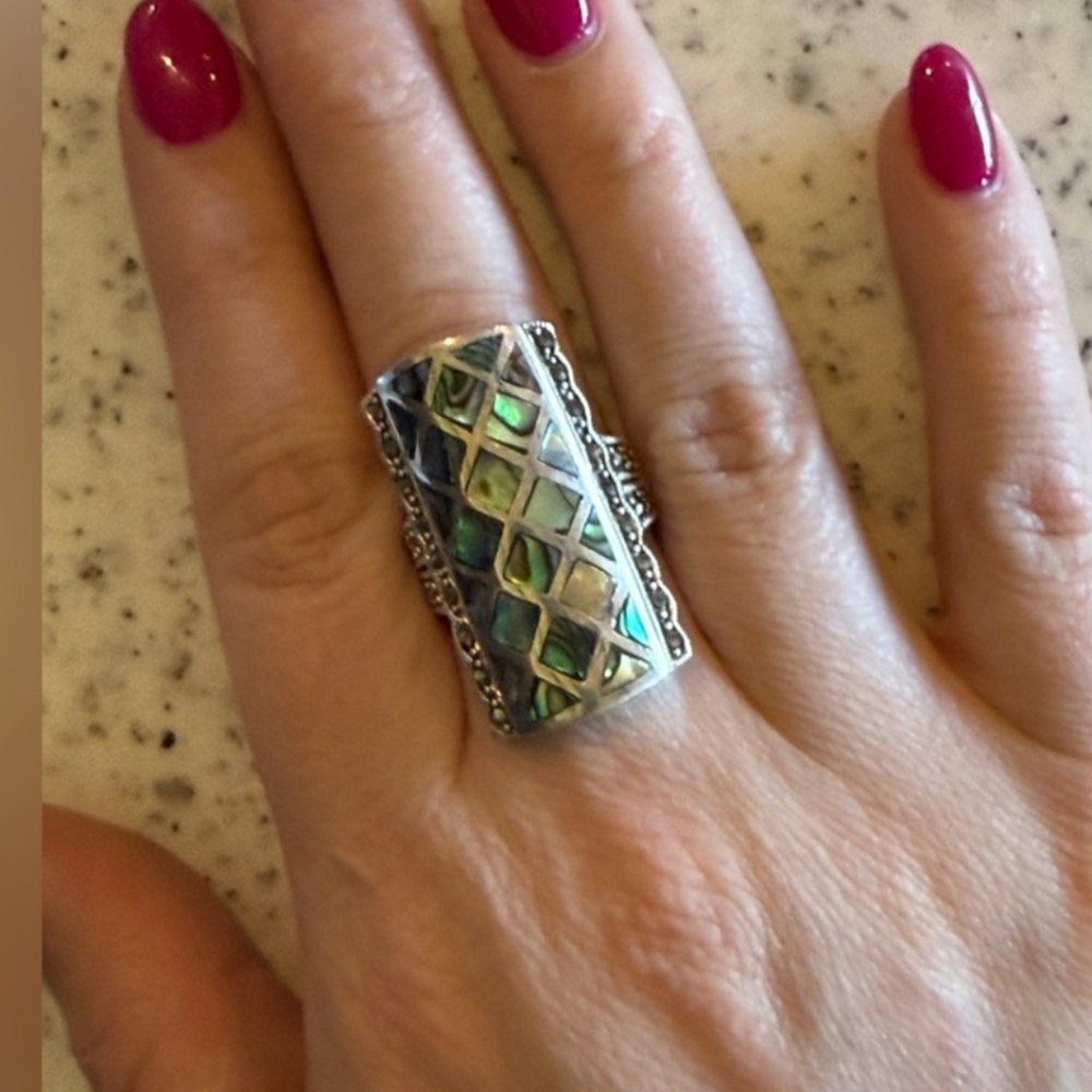Vintage Sterling Silver Abalone & Marcasite Statement Ring Size 8.5